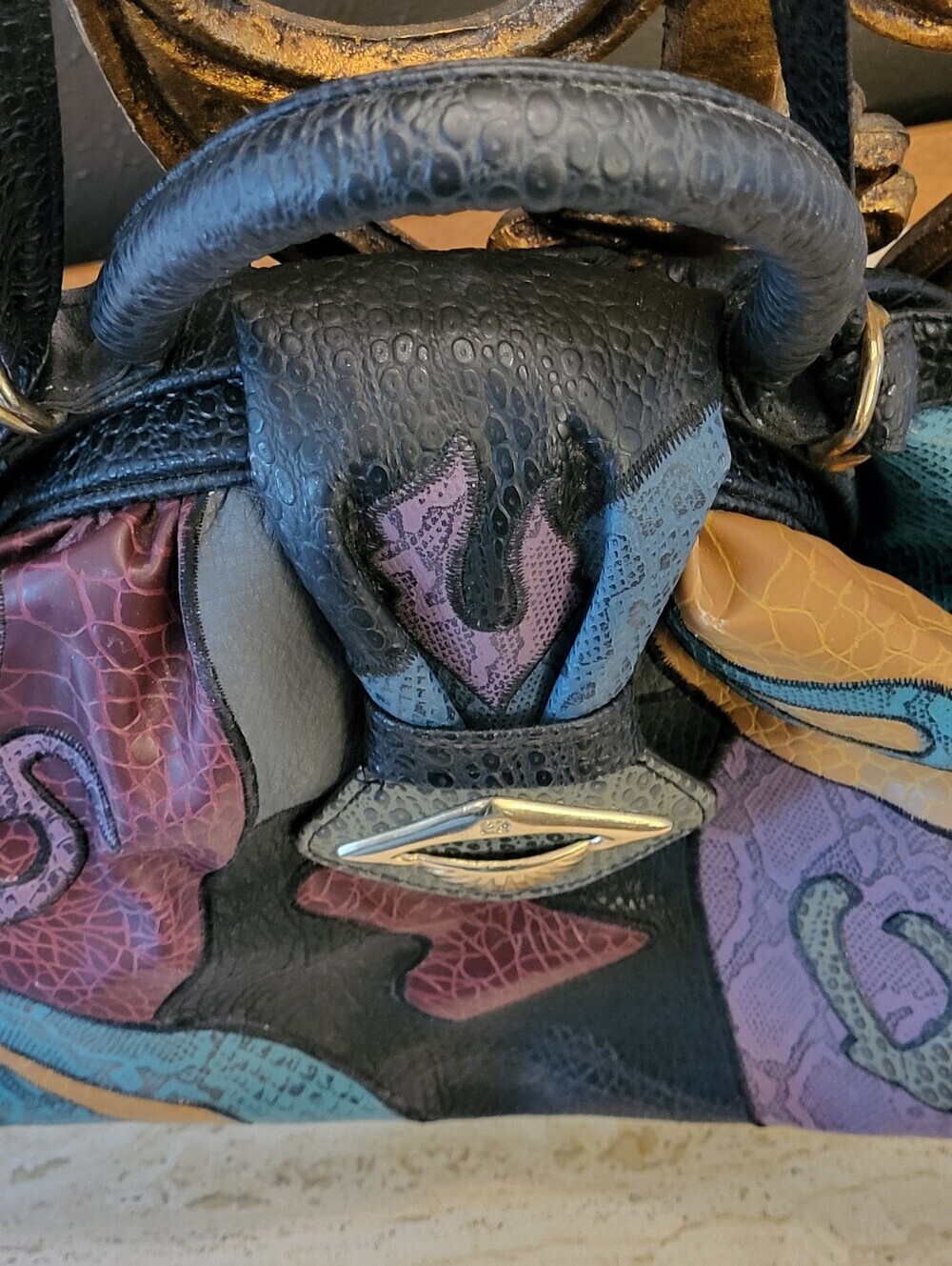 NAS Bag Faux Lizard Patchwork Vtg 80s Made In Korea Top Handle/Shoulder Strap - Picture 9 of 14